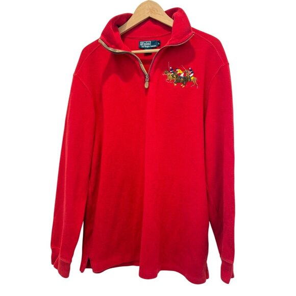 Vtg Polo By Ralph Lauren Red 1/4 Zip Embroidered 3 Pony Pullover Sweatshirt Sz L - Picture 2 of 7